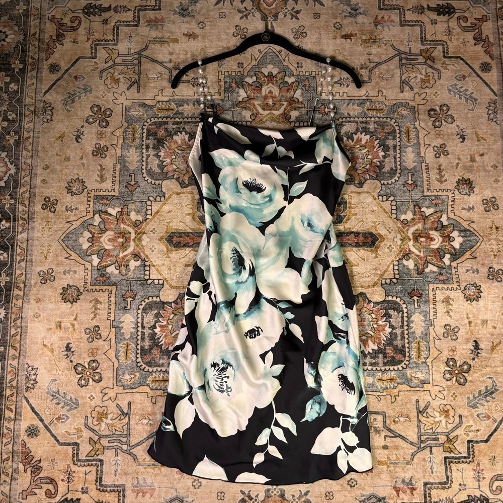 Vintage Bebe Floral Satin Cowl Neck Mini Dress Pearl Straps Black Y2K Small USA